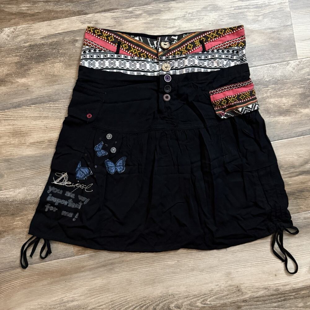 Desigual Black Embroidered Butterfly Skirt Women’s Size 38 Boho Patchwork